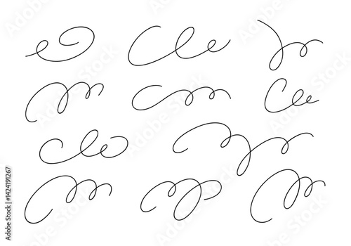 A set of different decorative abstract doodle lines of curls, swirls, strokes, hand-drawn, black and white vector illustration. Swirled element curl for decoration, design, separation, calligraphy