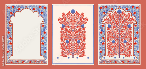 Mughal flowers. Indian floral motif. Turkish tree or traditional bunch. Leaves and fruits on branches. Plant blossoms frame. Pakistan embroidery art. Botanical ornament banners vector set