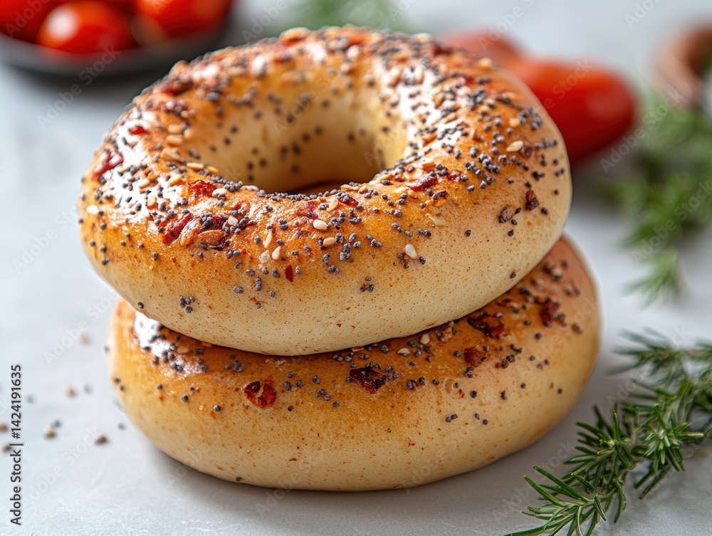Freshly baked bagels topped with seeds, displayed on a marble surface with herbs Freshly baked bagels topped with seeds, displayed on a marble surface with herbs