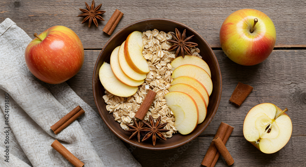 Apple Oatmeal with Cinnamon and Star Anise on Rustic Wooden Table Apple Oatmeal with Cinnamon and Star Anise on Rustic Wooden Table