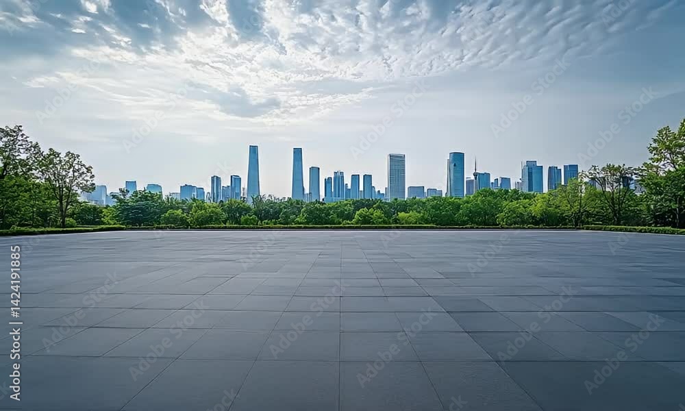 Modern Cityscape View from Paved Plaza with Green Trees and Cloudy Sky Modern Cityscape View from Paved Plaza with Green Trees and Cloudy Sky