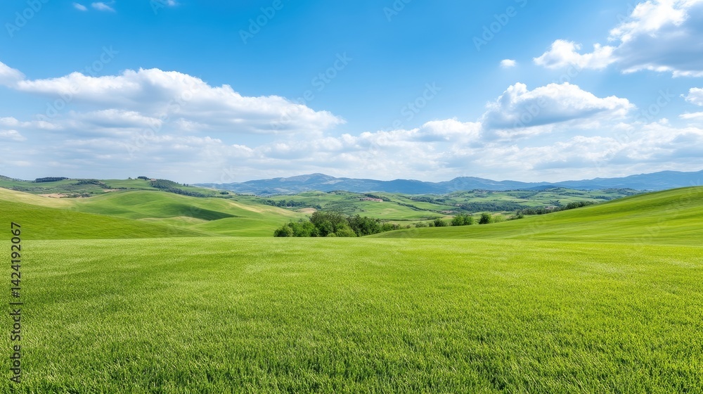 Lush green fields meet rolling hills under a vibrant blue sky. A picturesque landscape of springtime beauty Lush green fields meet rolling hills under a vibrant blue sky. A picturesque landscape of springtime beauty