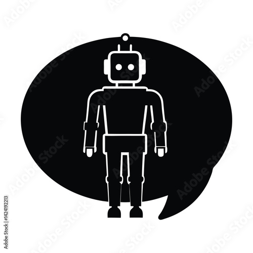 Silhouette of a speech bubble containing a robot icon on white background