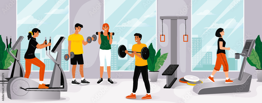 Obraz premium Gym exercises. Sport workout. Man or woman on weight training. Active health persons. Sportsman running on treadmill. Bodybuilder lifting dumbbell. Athletic instructor. Vector illustration
