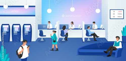 Bank office. Customer service teller system. Client waiting room with people queue. Commercial meeting. Financial consulting. Savings and investment consultation. Vector cartoon scene