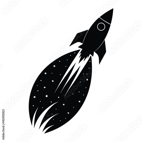 Silhouette of a rocket ascending with a starry trail on white background