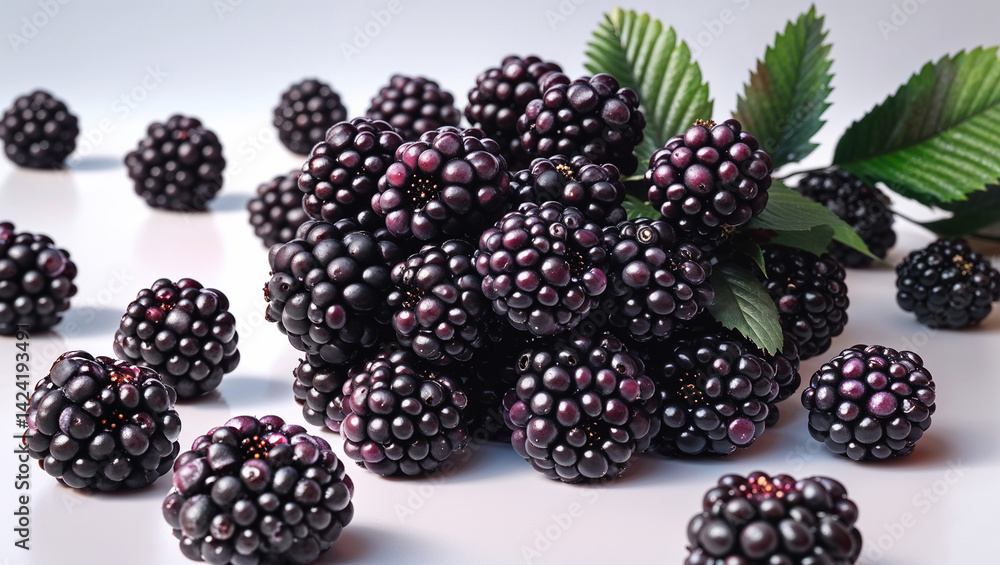 Fresh And Juicy Blackberries With Green Leaves On A White Background Fresh And Juicy Blackberries With Green Leaves On A White Background