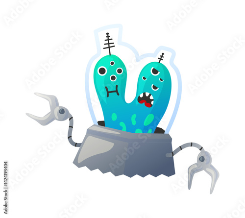 Aliens with spacecraft. Cosmic invader. Childish monsters on rockets. Extraterrestrial discovery . UFO spaceship. Bizarre spaceman in flying saucer. Vector cartoon fiction character