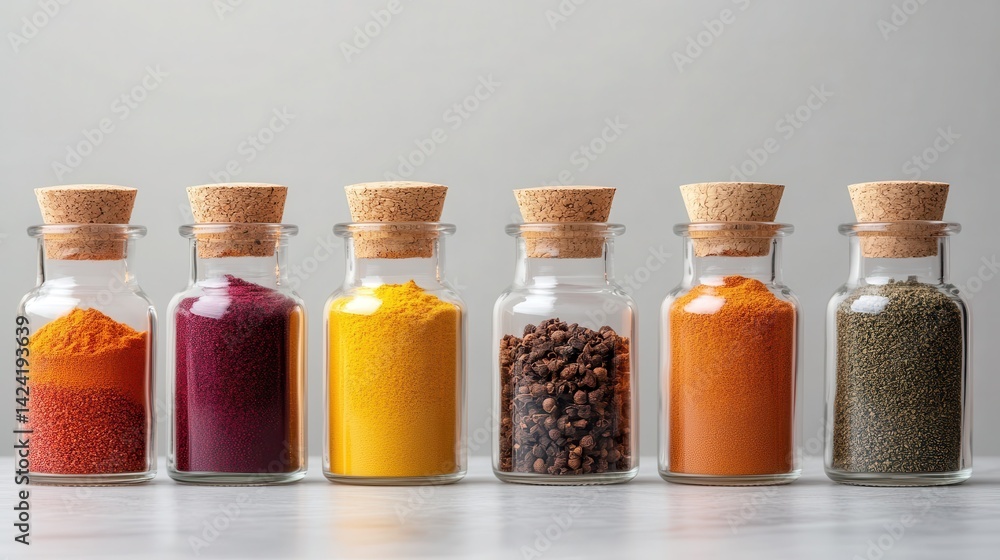 Vibrant spices stored in clear glass bottles present a sensory feast for food lovers, encouraging culinary exploration and creativity with every richly colored ingredient on display. Vibrant spices stored in clear glass bottles present a sensory feast for food lovers, encouraging culinary exploration and creativity with every richly colored ingredient on display.