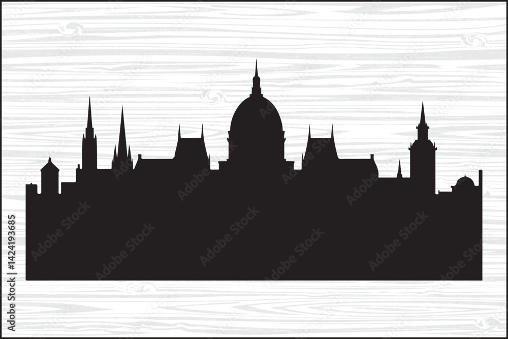 Obraz premium Historic City Skyline Silhouette Vector – Classic European ArchitectureUrban Skyline Silhouette with Domes and Towers – PNG SVG EPS BundleBlack Cityscape Silhouette of Iconic Buildings – Vector Il