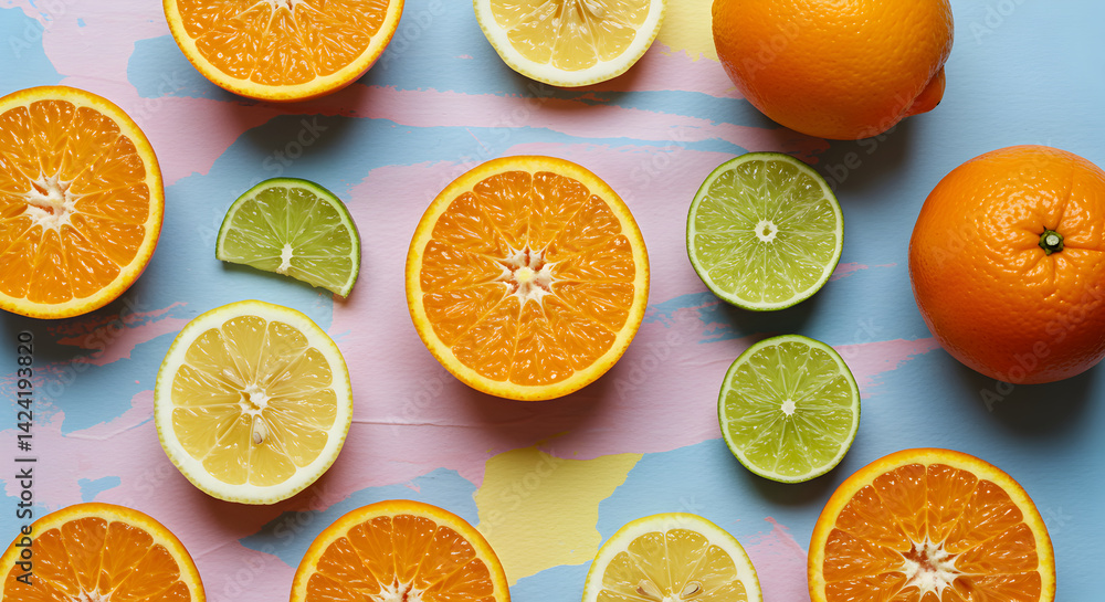 Colorful Citrus Fruit Still Life Composition On Abstract Painted Surface Colorful Citrus Fruit Still Life Composition On Abstract Painted Surface