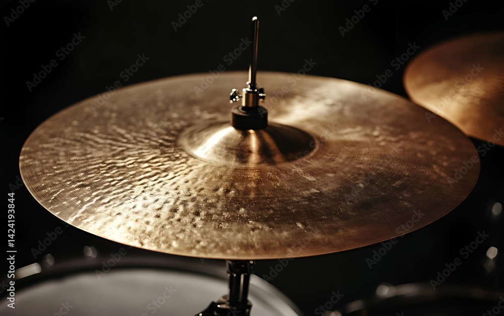 Fototapeta premium Close-up of a shimmering cymbal, showcasing its texture and intricate patterns under soft lighting.