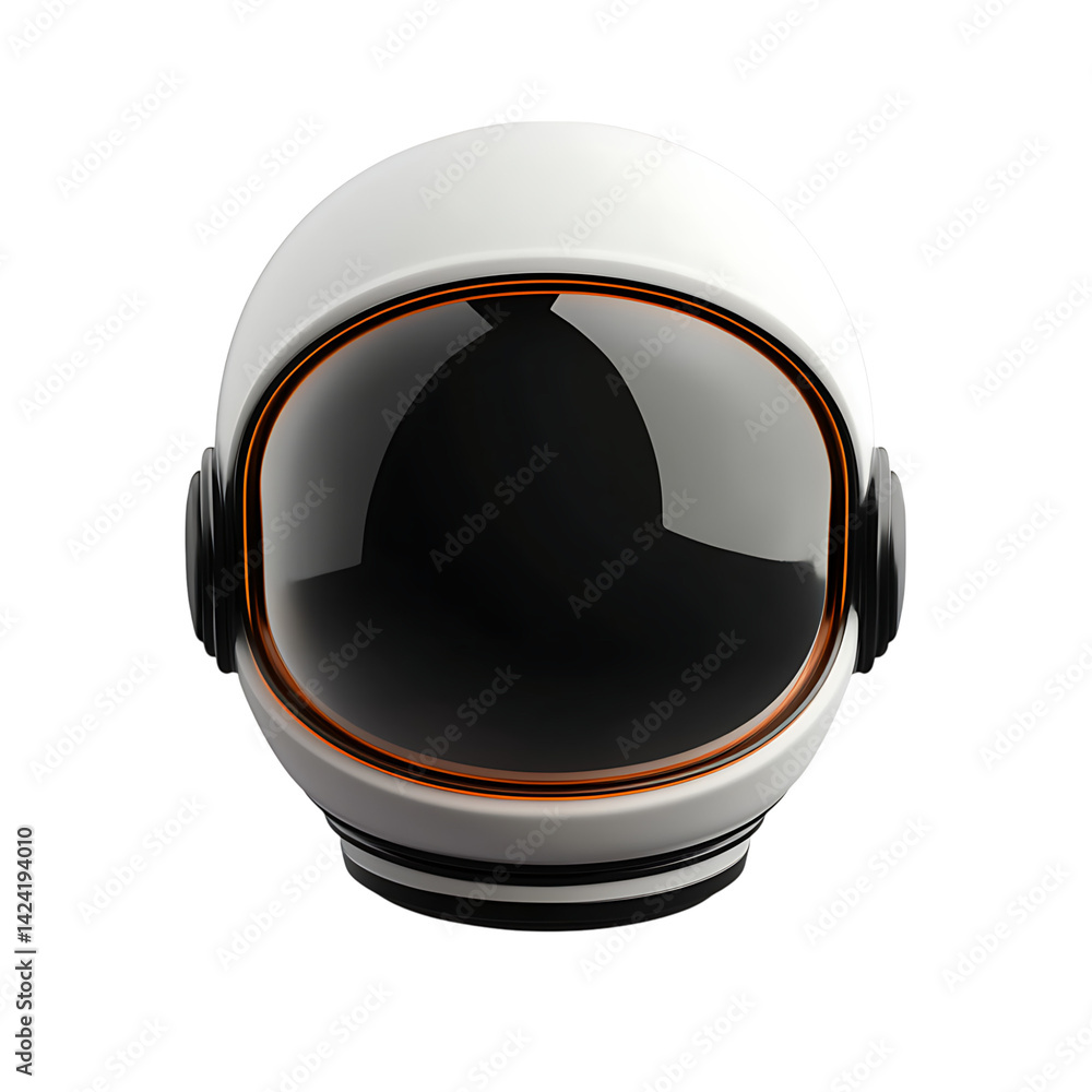 A high contrast futuristic white and black 3D space helmet icon designed with a glossy front visor and rounded structure placed on a transparent background
