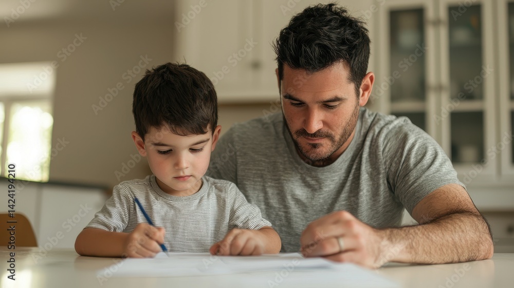 Father and son with parenting and memories concept. Father helping son with school project at a kitchen table. Father and son with parenting and memories concept. Father helping son with school project at a kitchen table.