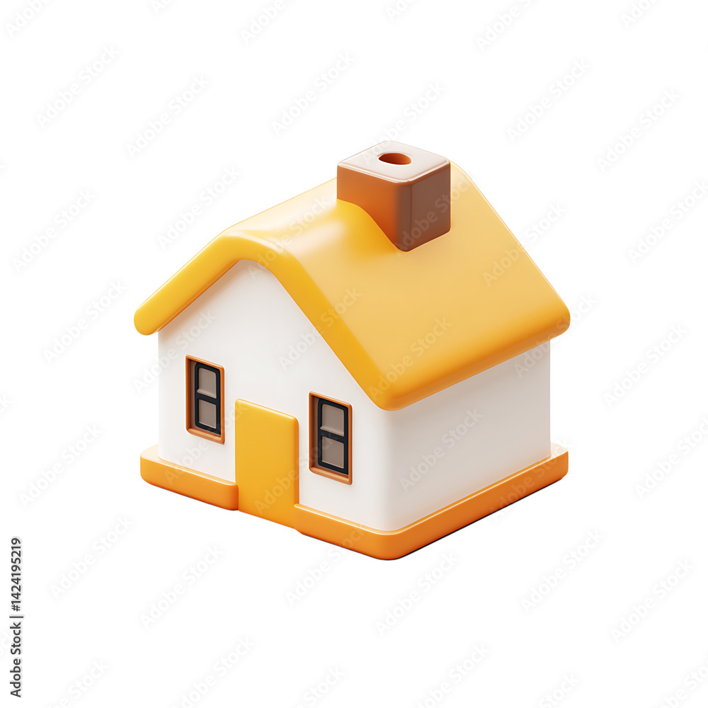 A clean 3D house icon with a soft blue roof and yellow window accents created in a friendly minimal style over a transparent background