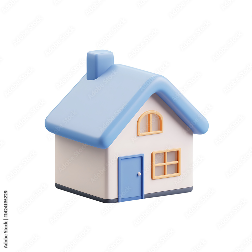 A clean 3D house icon with a soft blue roof and yellow window accents created in a friendly minimal style over a transparent background