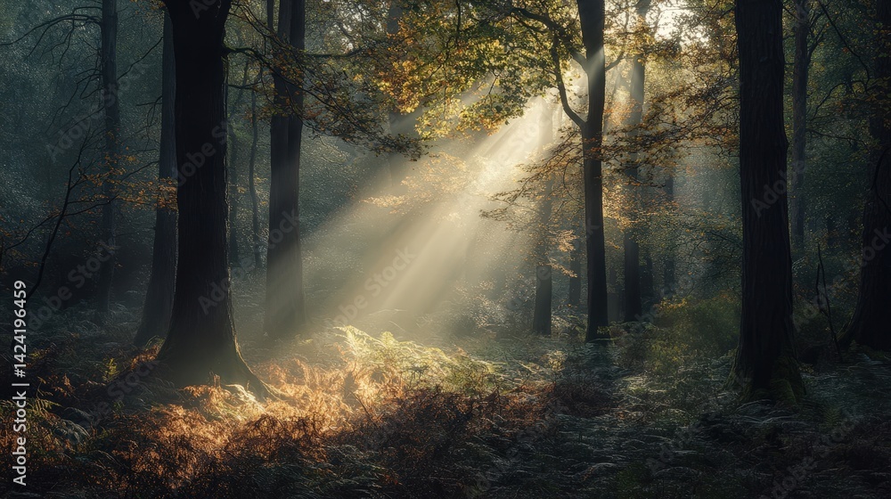 Fototapeta premium Sunlight Filters Through Trees in a Mystical Forest Scene Filled with Soft Light and Natural Beauty