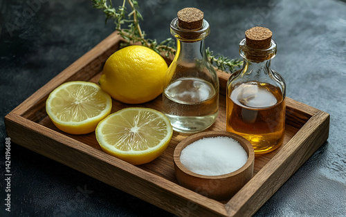 Fresh ingredients on a wooden tray, including lemon slices, oils in glass bottles, and salt for culinary delight.