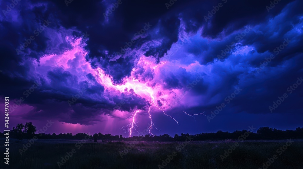 Fototapeta premium Dramatic Purple Lightning Strikes Under Dark Clouds at Dusk