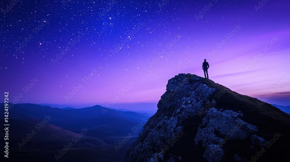 A lone figure gazes at the starry sky from a mountain peak during twilight. Nature’s beauty shines in purple hues and bright stars. A lone figure gazes at the starry sky from a mountain peak during twilight. Nature’s beauty shines in purple hues and bright stars.