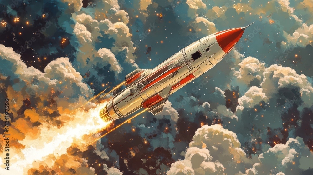 Obraz premium Vintage rocket launch into a cloudy cosmos.