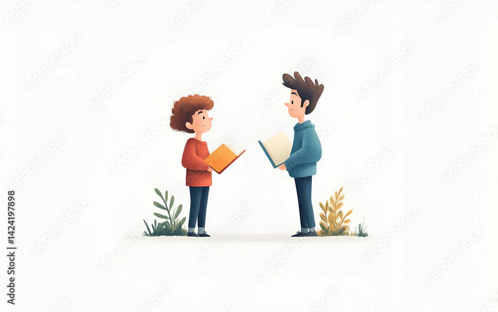 Two young boys share books, embodying the joy of reading and friendship in a whimsical, colorful illustration. Two young boys share books, embodying the joy of reading and friendship in a whimsical, colorful illustration.