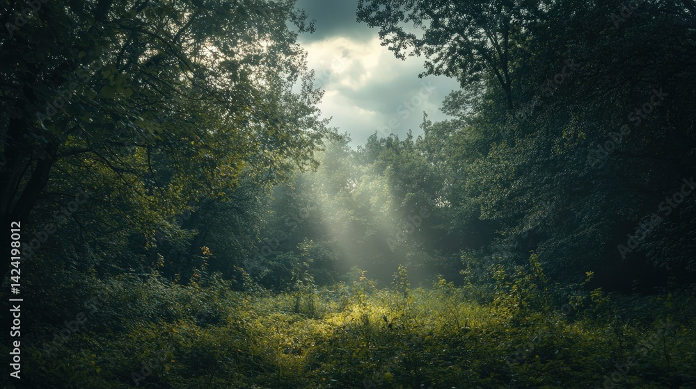 Naklejka premium Mysterious Forest With Sunlight Breaking Through Trees and Clouds