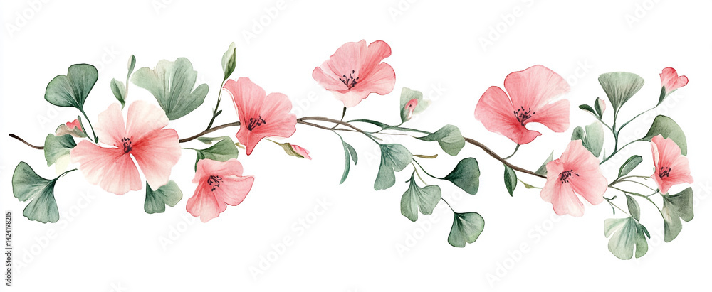 Obraz premium A watercolor painting of a branch adorned with pink flowers and green leaves. The soft colors and delicate strokes create an artistic and serene composition.