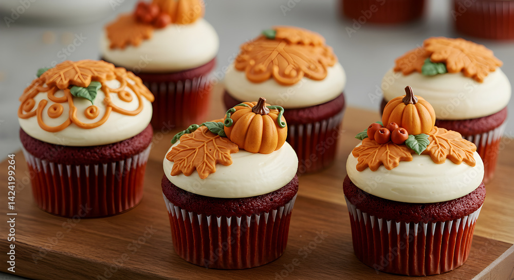 Delicious Autumnal Cupcakes With Creamy Frosting And Festive Fall Decorations Delicious Autumnal Cupcakes With Creamy Frosting And Festive Fall Decorations