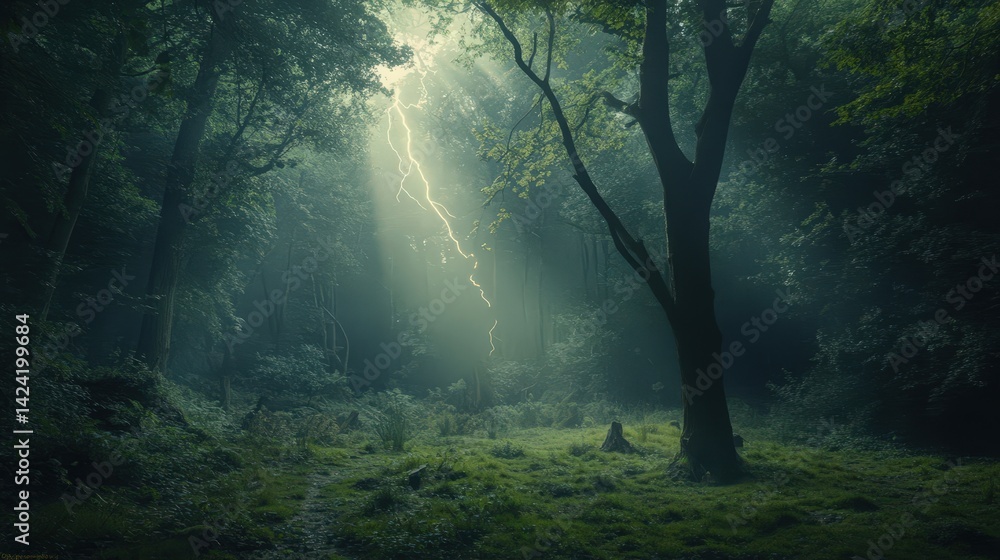 Obraz premium Mysterious Forest Scene with Lightning and Sunlight Breaks Through Trees