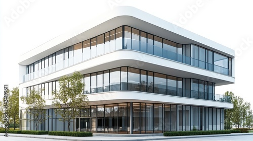 A modern, minimalist office building with large windows and a curved facade. photo