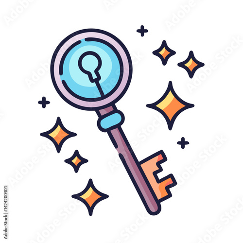 Enchanted Key with Magical Elements Icon Representing Mystical Unlocking and Power