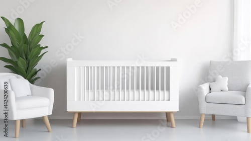 Baby Crib White Chairs Minimalist Style High-resolution Soft Lighting Centered Full Shot Simple Design Peaceful Nursery Neutral Tones Ideal for Baby Product Catalogs