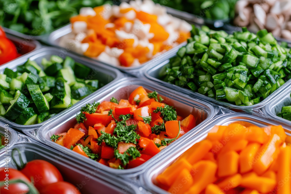 Assorted fresh vegetables in metal trays displayed at self serve salad bar with vibrant colors and variety of choices Assorted fresh vegetables in metal trays displayed at self serve salad bar with vibrant colors and variety of choices