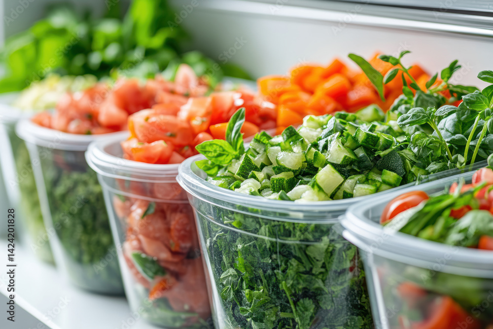 Freshly chopped vegetables in transparent containers displayed neatly on a shelf with vibrant colors and varieties ready for healthy cooking Freshly chopped vegetables in transparent containers displayed neatly on a shelf with vibrant colors and varieties ready for healthy cooking
