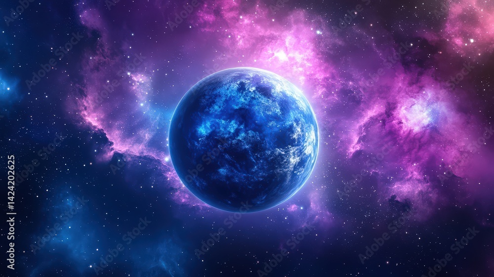 Obraz premium A bright blue planet amidst vibrant cosmic clouds and colors in space, showcasing the beauty of the universe in stunning detail.