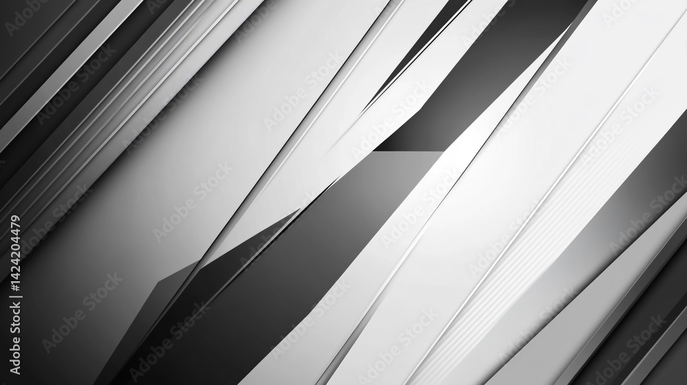 Obraz premium Black, white, light gray, and silver abstract background with geometric shapes, sharp lines, striped corners, and faceted triangles. Smooth color gradient with subtle noise and fine grain texture.