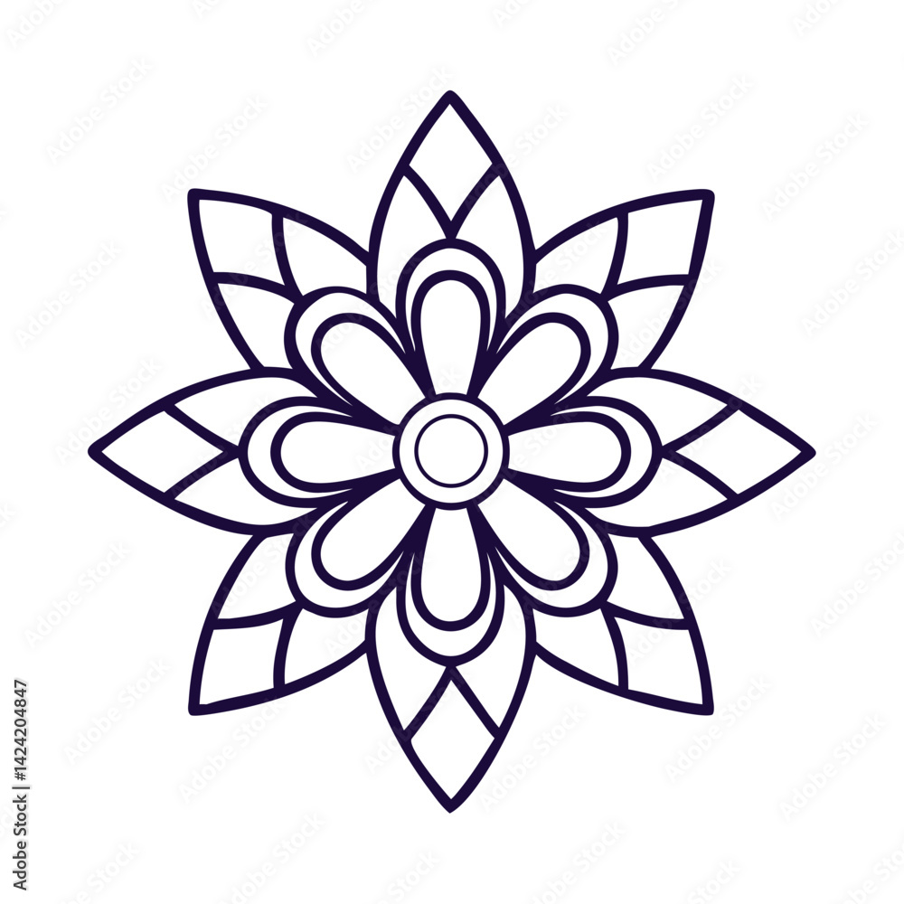 Indian Flower Geometric Mandala Bloom Ornament Petal Line Symmetry Sacred Vector