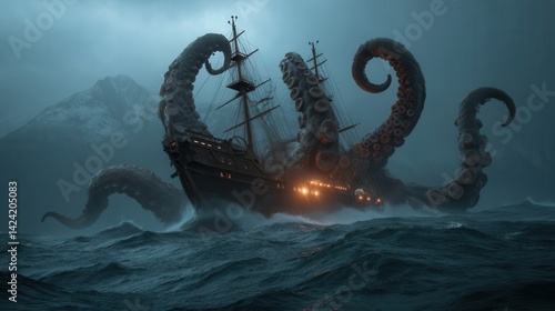 A kraken battles a sinking pirate ship in a stormy sea.