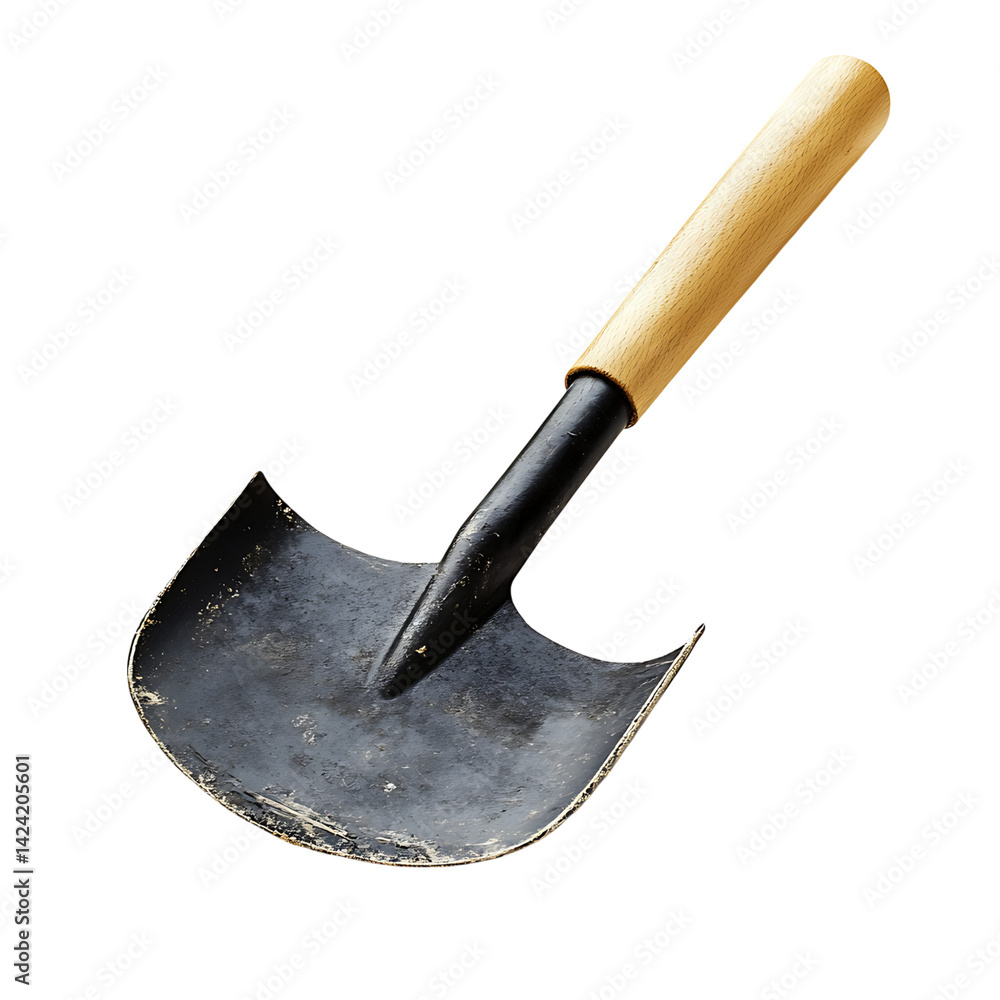 A worn metal shovel with pointed blade and wooden handle showing realistic usage marks and dirt placed diagonally over a transparent background
