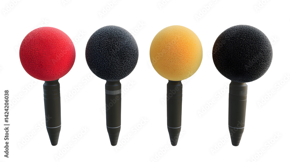 Four microphones with different foam covers, isolated style, placed on a clean white background, concept of media or interviews. 3D Rendering