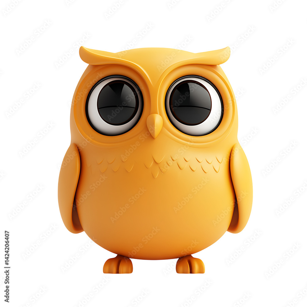 A stylized 3D owl icon with large circular eyes, feather texture on wings and soft surface design isolated over a transparent background