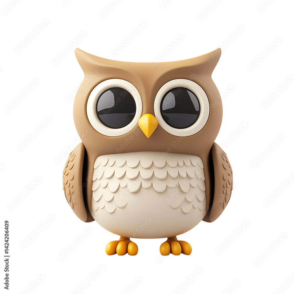 A stylized 3D owl icon with large circular eyes, feather texture on wings and soft surface design isolated over a transparent background