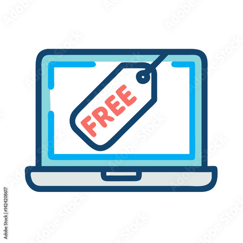 Laptop with Free Tag Icon Representing Complimentary Offer and Free Service