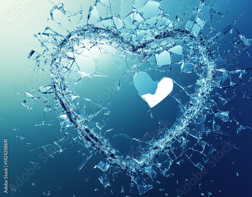 A shattered glass heart with a smaller heart shaped hole against a gradient blue background design