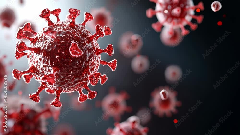 Close-Up View of Red Viruses on a Dark Background in Motion Close-Up View of Red Viruses on a Dark Background in Motion