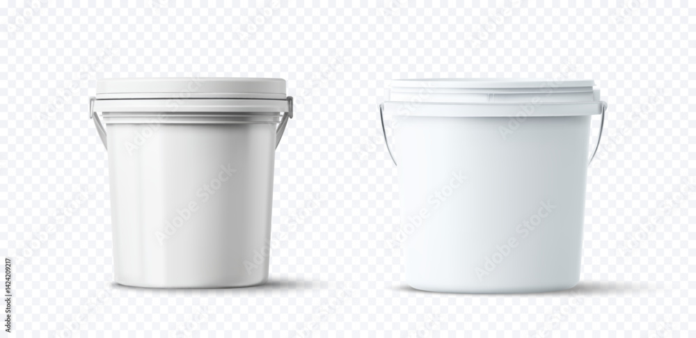Vector illustration of two blank white plastic paint buckets with lids and metal handles, realistic packaging mockup on transparent background, ideal for branding, product design and marketing. Vector illustration of two blank white plastic paint buckets with lids and metal handles, realistic packaging mockup on transparent background, ideal for branding, product design and marketing.
