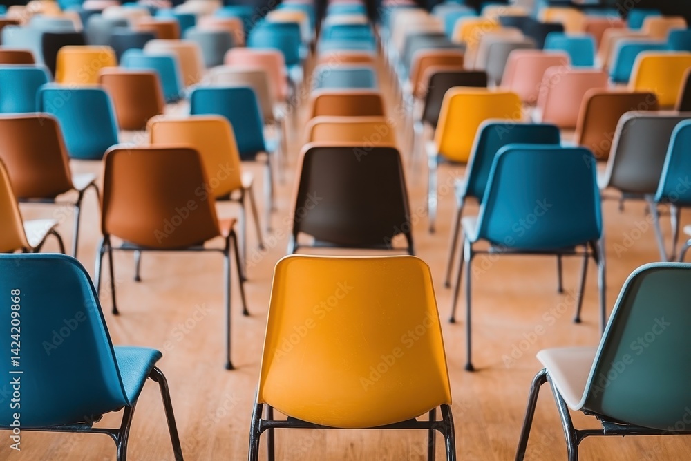 Fototapeta premium Rows of empty colorful chairs stand on a wooden floor in a large hall. This is suitable for presentations, conferences, or community meetings.