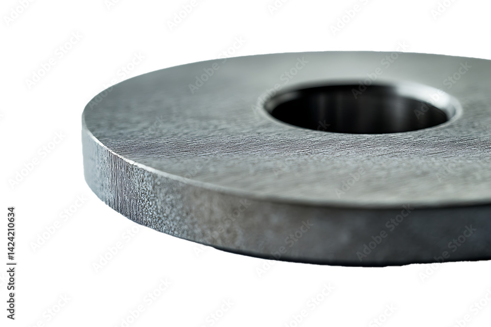 Closeup of a metallic washer with a central hole showing texture and detail, Closeup of a metallic washer with a central hole showing texture and detail,