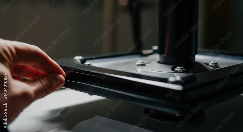 Close-up of hand operating heat press machine in workshop setting Close-up of hand operating heat press machine in workshop setting